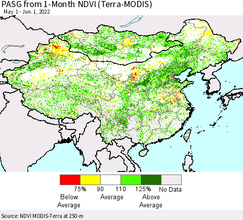 China, Mongolia and Taiwan PASG from 1-Month NDVI (Terra-MODIS) Thematic Map For 5/25/2022 - 6/1/2022
