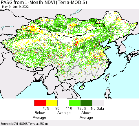 China, Mongolia and Taiwan PASG from 1-Month NDVI (Terra-MODIS) Thematic Map For 6/2/2022 - 6/9/2022