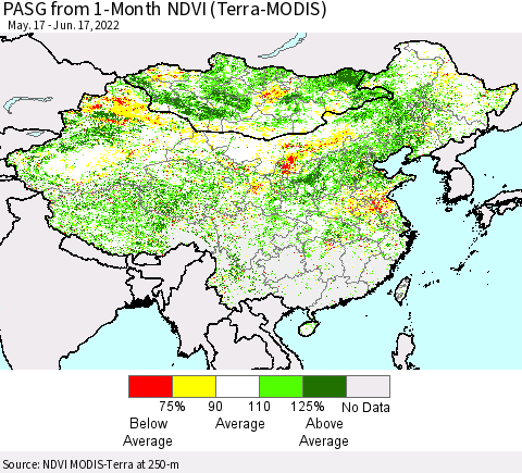 China, Mongolia and Taiwan PASG from 1-Month NDVI (Terra-MODIS) Thematic Map For 6/10/2022 - 6/17/2022