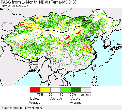 China, Mongolia and Taiwan PASG from 1-Month NDVI (Terra-MODIS) Thematic Map For 6/18/2022 - 6/25/2022