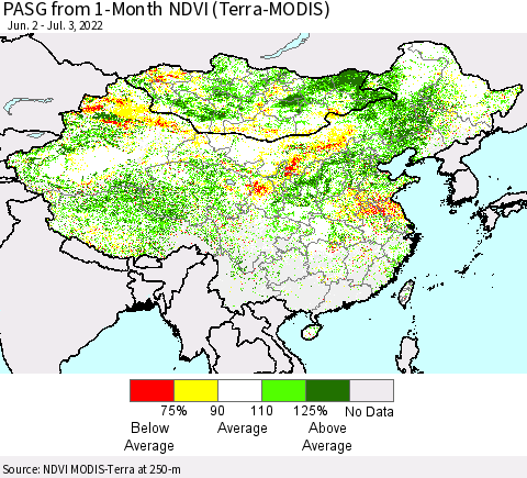 China, Mongolia and Taiwan PASG from 1-Month NDVI (Terra-MODIS) Thematic Map For 6/26/2022 - 7/3/2022