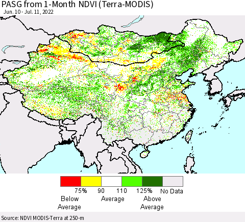 China, Mongolia and Taiwan PASG from 1-Month NDVI (Terra-MODIS) Thematic Map For 7/4/2022 - 7/11/2022