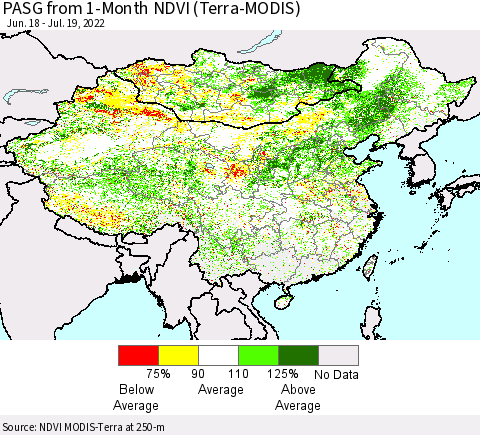 China, Mongolia and Taiwan PASG from 1-Month NDVI (Terra-MODIS) Thematic Map For 7/12/2022 - 7/19/2022