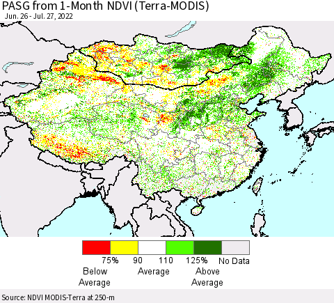 China, Mongolia and Taiwan PASG from 1-Month NDVI (Terra-MODIS) Thematic Map For 7/20/2022 - 7/27/2022
