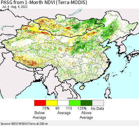 China, Mongolia and Taiwan PASG from 1-Month NDVI (Terra-MODIS) Thematic Map For 7/28/2022 - 8/4/2022