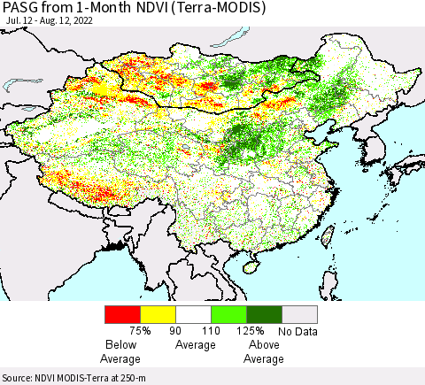 China, Mongolia and Taiwan PASG from 1-Month NDVI (Terra-MODIS) Thematic Map For 8/5/2022 - 8/12/2022
