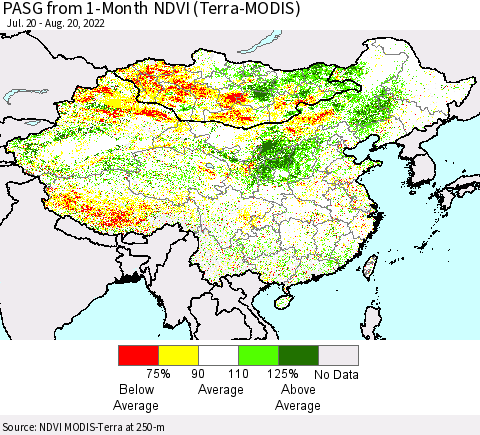 China, Mongolia and Taiwan PASG from 1-Month NDVI (Terra-MODIS) Thematic Map For 8/13/2022 - 8/20/2022