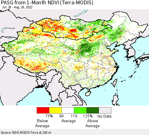 China, Mongolia and Taiwan PASG from 1-Month NDVI (Terra-MODIS) Thematic Map For 8/21/2022 - 8/28/2022