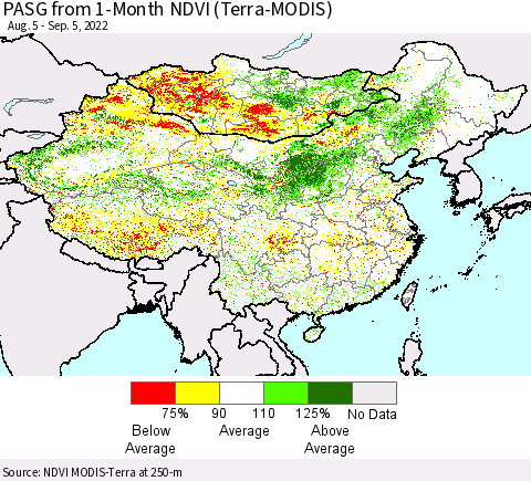 China, Mongolia and Taiwan PASG from 1-Month NDVI (Terra-MODIS) Thematic Map For 8/29/2022 - 9/5/2022