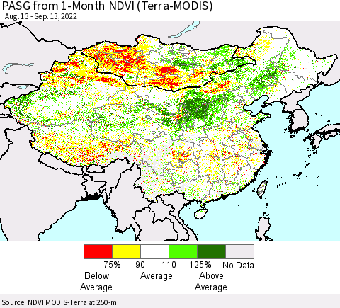 China, Mongolia and Taiwan PASG from 1-Month NDVI (Terra-MODIS) Thematic Map For 9/6/2022 - 9/13/2022