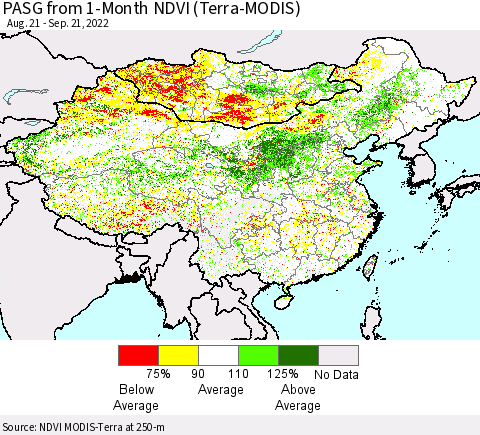 China, Mongolia and Taiwan PASG from 1-Month NDVI (Terra-MODIS) Thematic Map For 9/14/2022 - 9/21/2022