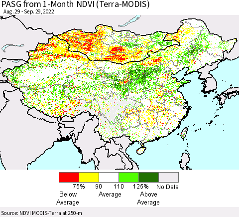 China, Mongolia and Taiwan PASG from 1-Month NDVI (Terra-MODIS) Thematic Map For 9/22/2022 - 9/29/2022