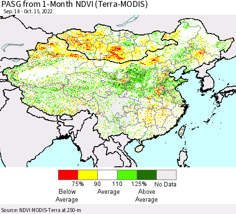 China, Mongolia and Taiwan PASG from 1-Month NDVI (Terra-MODIS) Thematic Map For 10/8/2022 - 10/15/2022