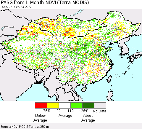 China, Mongolia and Taiwan PASG from 1-Month NDVI (Terra-MODIS) Thematic Map For 10/16/2022 - 10/23/2022