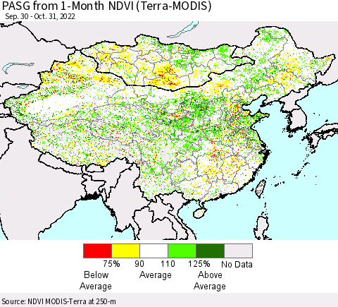 China, Mongolia and Taiwan PASG from 1-Month NDVI (Terra-MODIS) Thematic Map For 10/24/2022 - 10/31/2022