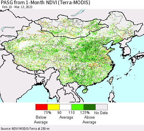 China, Mongolia and Taiwan PASG from 1-Month NDVI (Terra-MODIS) Thematic Map For 3/6/2023 - 3/13/2023