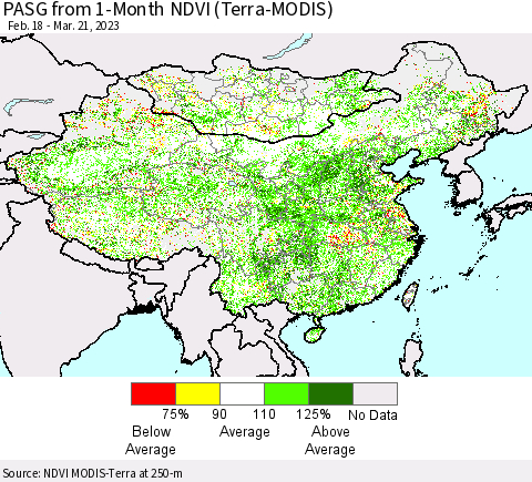 China, Mongolia and Taiwan PASG from 1-Month NDVI (Terra-MODIS) Thematic Map For 3/14/2023 - 3/21/2023
