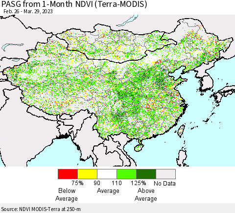 China, Mongolia and Taiwan PASG from 1-Month NDVI (Terra-MODIS) Thematic Map For 3/22/2023 - 3/29/2023