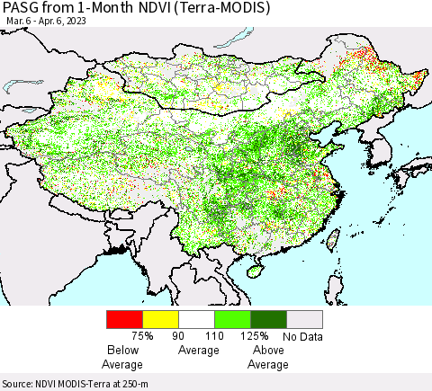 China, Mongolia and Taiwan PASG from 1-Month NDVI (Terra-MODIS) Thematic Map For 3/30/2023 - 4/6/2023