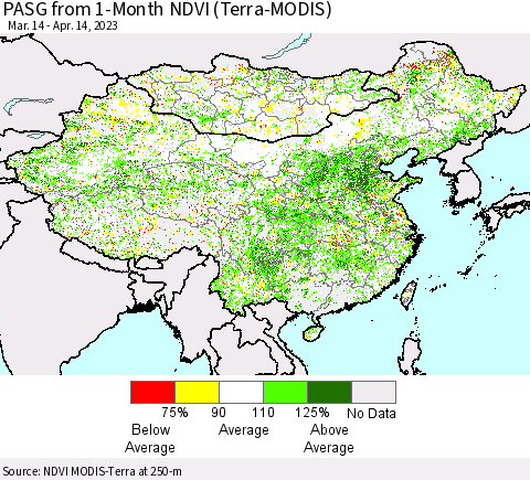 China, Mongolia and Taiwan PASG from 1-Month NDVI (Terra-MODIS) Thematic Map For 4/7/2023 - 4/14/2023
