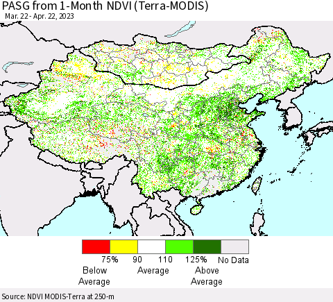 China, Mongolia and Taiwan PASG from 1-Month NDVI (Terra-MODIS) Thematic Map For 4/15/2023 - 4/22/2023