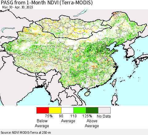 China, Mongolia and Taiwan PASG from 1-Month NDVI (Terra-MODIS) Thematic Map For 4/23/2023 - 4/30/2023