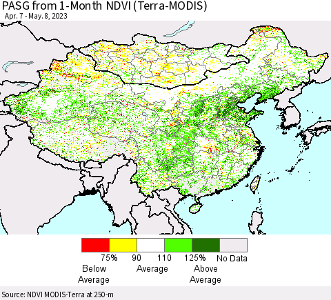 China, Mongolia and Taiwan PASG from 1-Month NDVI (Terra-MODIS) Thematic Map For 5/1/2023 - 5/8/2023