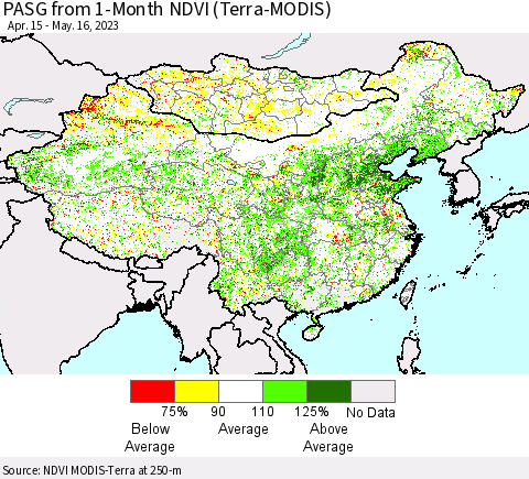 China, Mongolia and Taiwan PASG from 1-Month NDVI (Terra-MODIS) Thematic Map For 5/9/2023 - 5/16/2023