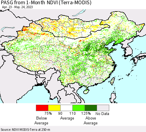 China, Mongolia and Taiwan PASG from 1-Month NDVI (Terra-MODIS) Thematic Map For 5/17/2023 - 5/24/2023