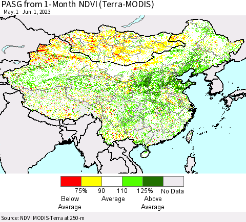 China, Mongolia and Taiwan PASG from 1-Month NDVI (Terra-MODIS) Thematic Map For 5/25/2023 - 6/1/2023
