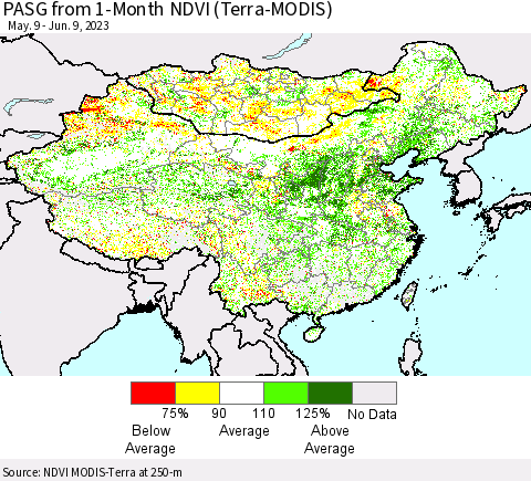 China, Mongolia and Taiwan PASG from 1-Month NDVI (Terra-MODIS) Thematic Map For 6/2/2023 - 6/9/2023