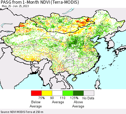 China, Mongolia and Taiwan PASG from 1-Month NDVI (Terra-MODIS) Thematic Map For 6/18/2023 - 6/25/2023
