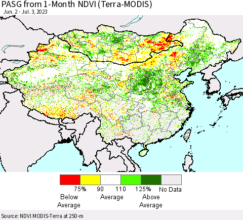 China, Mongolia and Taiwan PASG from 1-Month NDVI (Terra-MODIS) Thematic Map For 6/26/2023 - 7/3/2023