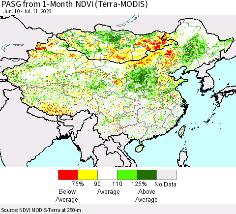 China, Mongolia and Taiwan PASG from 1-Month NDVI (Terra-MODIS) Thematic Map For 7/4/2023 - 7/11/2023