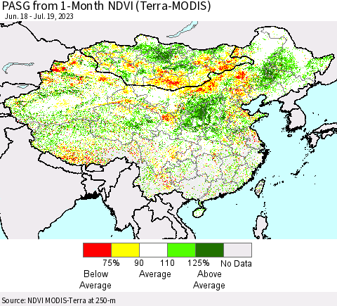 China, Mongolia and Taiwan PASG from 1-Month NDVI (Terra-MODIS) Thematic Map For 7/12/2023 - 7/19/2023