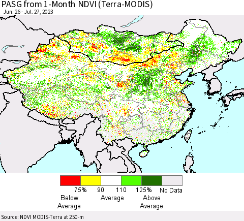 China, Mongolia and Taiwan PASG from 1-Month NDVI (Terra-MODIS) Thematic Map For 7/20/2023 - 7/27/2023
