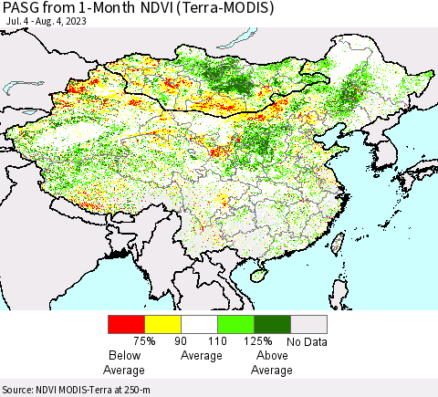 China, Mongolia and Taiwan PASG from 1-Month NDVI (Terra-MODIS) Thematic Map For 7/28/2023 - 8/4/2023