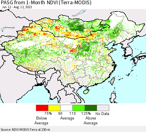 China, Mongolia and Taiwan PASG from 1-Month NDVI (Terra-MODIS) Thematic Map For 8/5/2023 - 8/12/2023