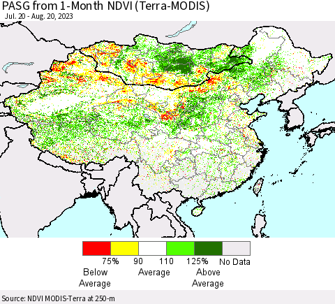 China, Mongolia and Taiwan PASG from 1-Month NDVI (Terra-MODIS) Thematic Map For 8/13/2023 - 8/20/2023