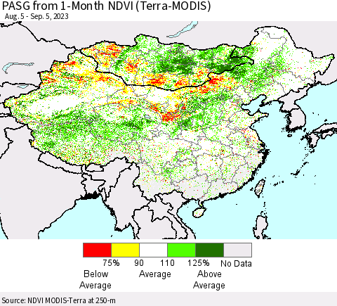 China, Mongolia and Taiwan PASG from 1-Month NDVI (Terra-MODIS) Thematic Map For 8/29/2023 - 9/5/2023