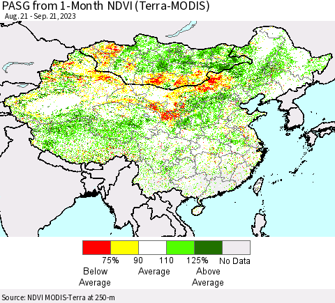 China, Mongolia and Taiwan PASG from 1-Month NDVI (Terra-MODIS) Thematic Map For 9/14/2023 - 9/21/2023