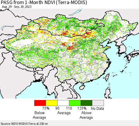 China, Mongolia and Taiwan PASG from 1-Month NDVI (Terra-MODIS) Thematic Map For 9/22/2023 - 9/29/2023