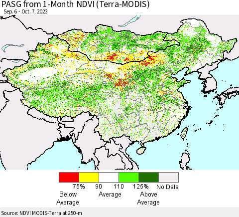 China, Mongolia and Taiwan PASG from 1-Month NDVI (Terra-MODIS) Thematic Map For 9/30/2023 - 10/7/2023
