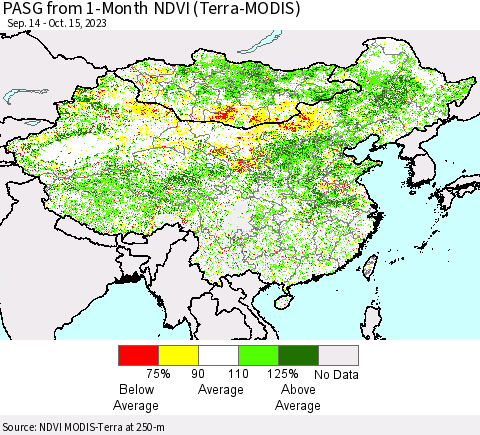 China, Mongolia and Taiwan PASG from 1-Month NDVI (Terra-MODIS) Thematic Map For 10/8/2023 - 10/15/2023