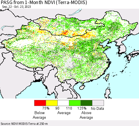 China, Mongolia and Taiwan PASG from 1-Month NDVI (Terra-MODIS) Thematic Map For 10/16/2023 - 10/23/2023