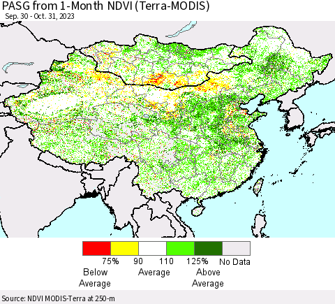 China, Mongolia and Taiwan PASG from 1-Month NDVI (Terra-MODIS) Thematic Map For 10/24/2023 - 10/31/2023
