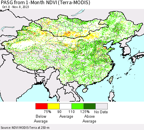 China, Mongolia and Taiwan PASG from 1-Month NDVI (Terra-MODIS) Thematic Map For 11/1/2023 - 11/8/2023