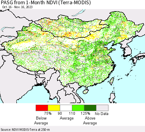 China, Mongolia and Taiwan PASG from 1-Month NDVI (Terra-MODIS) Thematic Map For 11/9/2023 - 11/16/2023