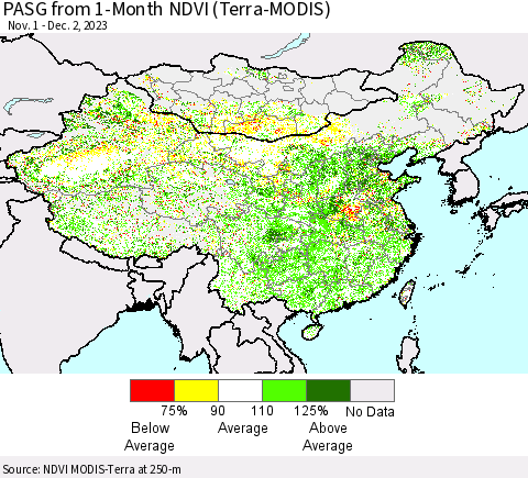 China, Mongolia and Taiwan PASG from 1-Month NDVI (Terra-MODIS) Thematic Map For 11/25/2023 - 12/2/2023