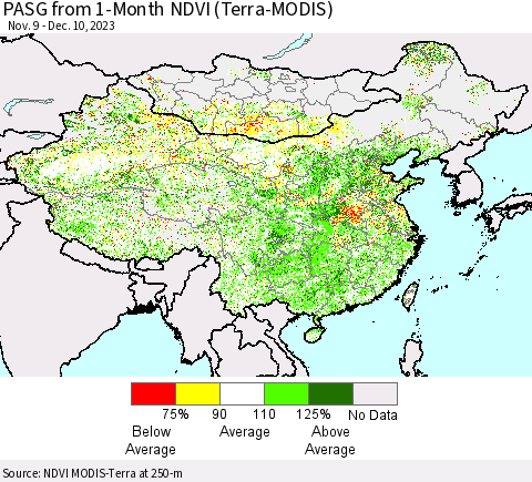 China, Mongolia and Taiwan PASG from 1-Month NDVI (Terra-MODIS) Thematic Map For 12/3/2023 - 12/10/2023